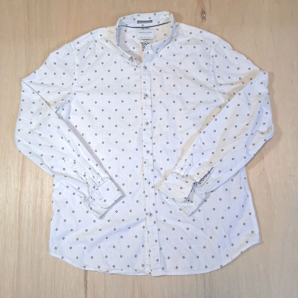 Denim & Flower Ricky Singh Shirt Men's XL Slim Fit White Geometric Button Up